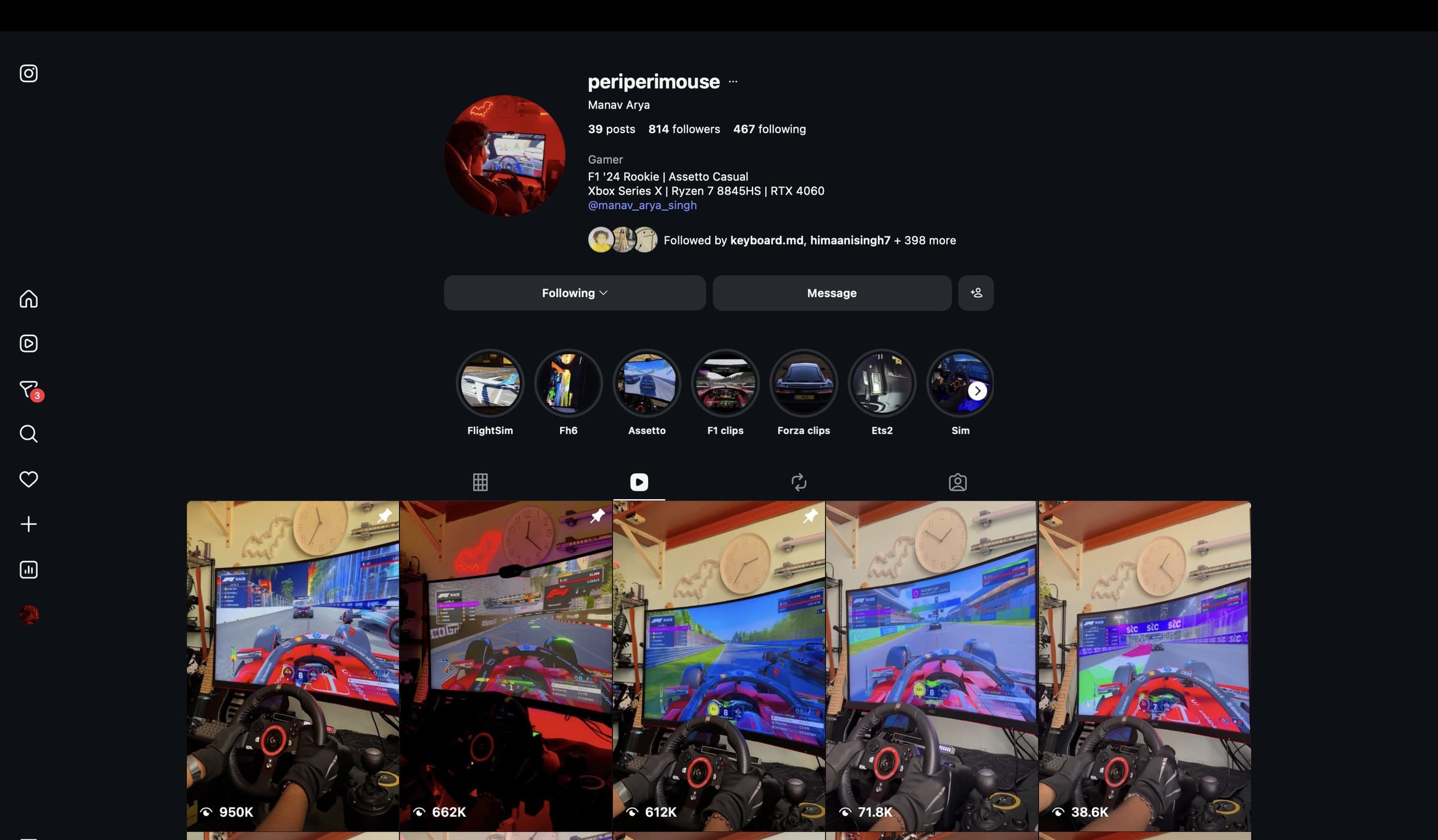 The periperimouse Instagram profile, with sim racing highlight reels for Forza, Assetto Corsa, F1 and flight sim, and posts showing view counts of 950K, 662K and 612K